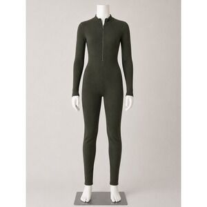 Fct Basics Women Olive Green Ribbed Long Sleeve Half Zip Catsuit Jumpsuit